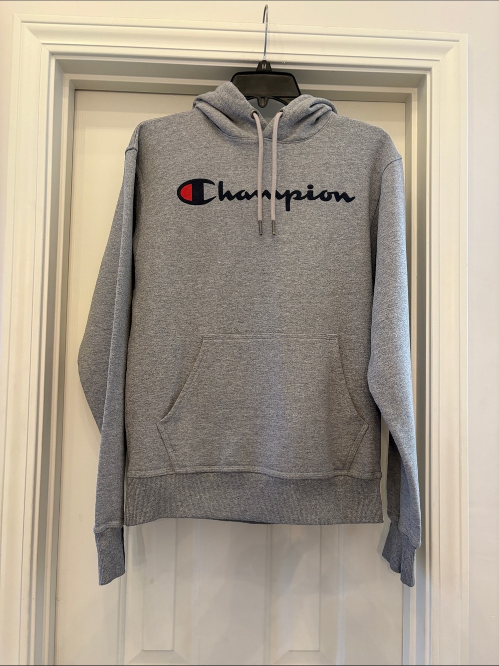 Champion Script Logo Pullover Hoodie Gray Men’s Size Small Fleece Sweatshirt